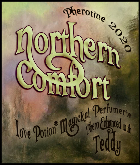 Image of perfume label featuring abstract finger painting by Barbara McVey in earthy greens and browns.