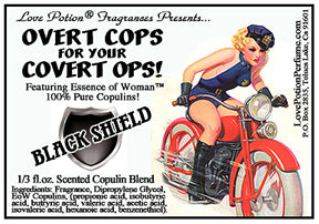 Image of product label featuring pinup of attractive woman in a sexy police outfit riding a red motorcycle. 