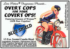 Image of product label featuring pinup of attractive woman in a sexy police outfit riding a red motorcycle. 