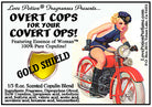Image of product label featuring pinup of attractive woman in a sexy police outfit riding a red motorcycle. 