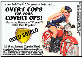 Image of product label featuring pinup of attractive woman in a sexy police outfit riding a red motorcycle. 