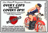Image of product label featuring pinup of attractive woman in a sexy police outfit riding a red motorcycle. 