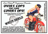 Image of product label featuring pinup of attractive woman in a sexy police outfit riding a red motorcycle. 