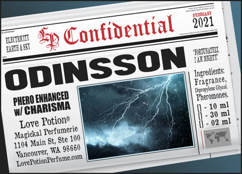 Image of Perfume Label featuring stylized newspaper headline with picture of a lightning streaked dark sky. Feb 2021 Collection. 