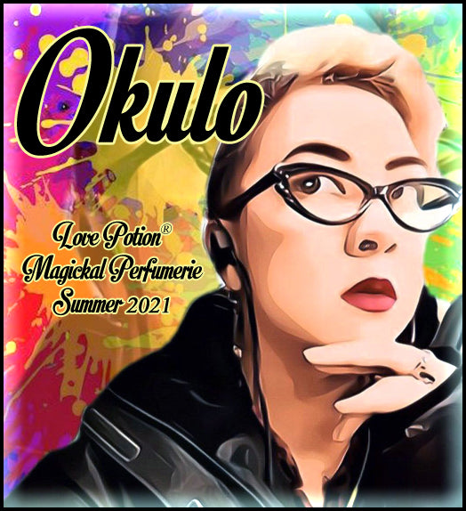 Image of perfume label featuring stylized photo of a woman on a multicolored splash painted background.