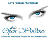 Love Potion Pheromone label for Open Windows, featuring closeup of beautiful eyes.