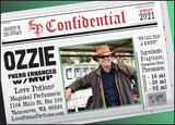 Image of Perfume Label featuring stylized newspaper headline with picture of a man. Feb 2021 Collection. 