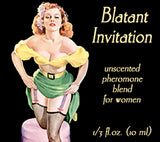 Love Potion: Blatant Invitation pheromone label featuring sexy pinup flirtaciously lifting her skirt.