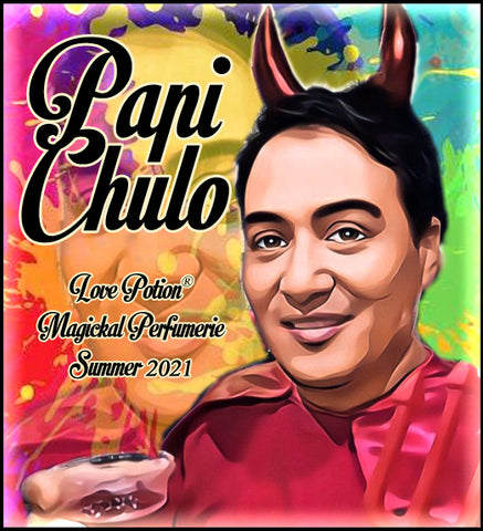 Image of perfume label featuring stylized photo of a man on a multicolored splash painted background.
