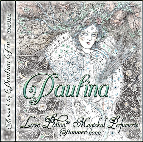 Image of perfume label featuring illustration by artist Paulina Fae of a robed woman in a forest