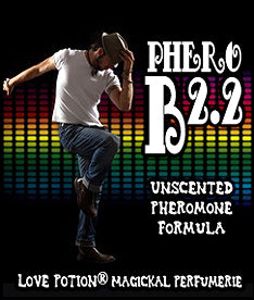 Love Potion Pheromone label for Phero B2.2 featuring male dancer on a rainbow background.