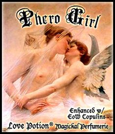 Love Potion Phero Girl label featuring classical painting of two young lovers kissing. 