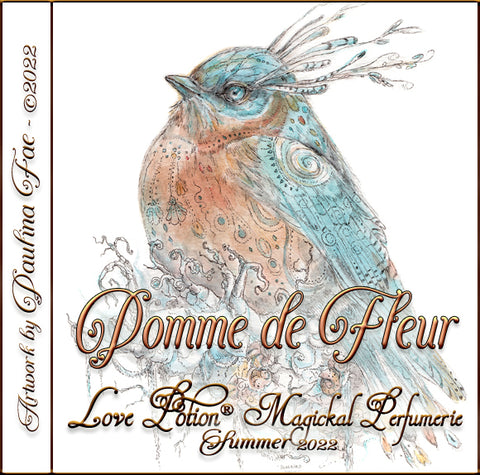 Image of perfume label featuring illustration by artist Paulina Fae of a colorful bird. 