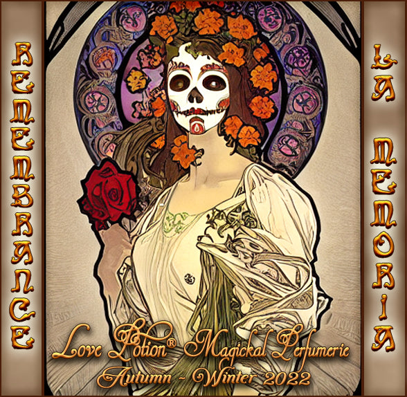 Remembrance Dia de los Muertos fragrance with marigold and fruit scents. Label shows a woman with skull makeup.