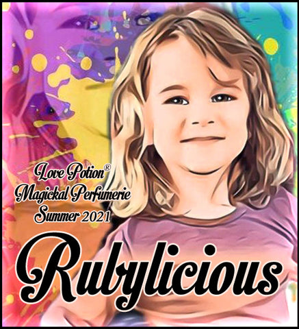 Image of perfume label featuring stylized photo of a girl on a multicolored splash painted background.