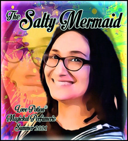 Image of perfume label featuring stylized photo of a woman on a multicolored splash painted background.