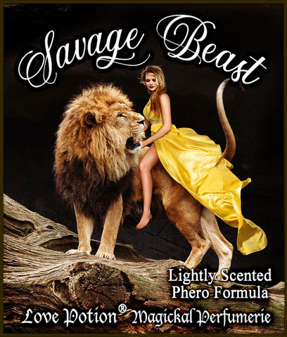 Image of perfume label featuring woman in yellow dress riding a roaring lion.