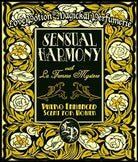 Sensual Harmony perfume label, featuring fancy text over engraved floral design in old fashioned cream and black shades.
