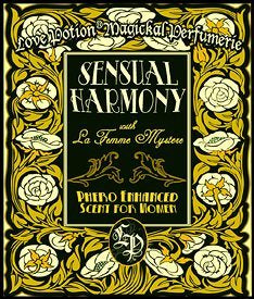 Sensual Harmony perfume label, featuring fancy text over engraved floral design in old fashioned cream and black shades.
