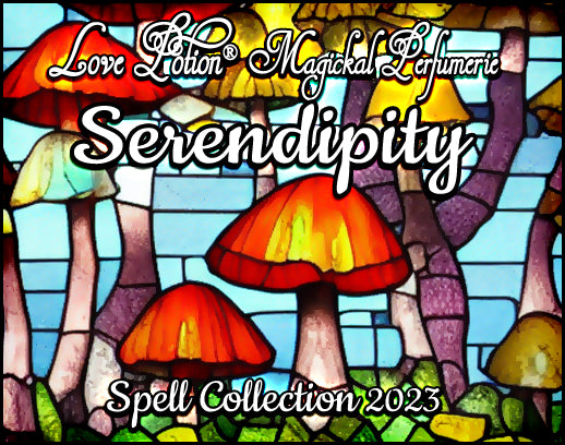 Serendipity spell perfume combines cocoa, vanilla, and peppermint for good fortune. Label has stained glass mushrooms.