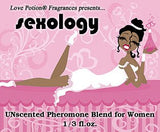 Love Potion: Sexology pheromone label, featuring illustration of sexy female smiling on a bed with a potion bottle in hand - on a pink background.