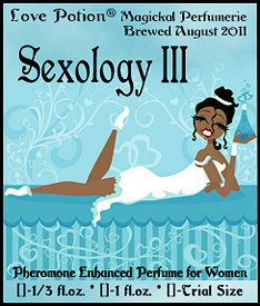 Love Potion: Sexology perfume label, featuring  illustration of sexy female smiling on a bed with a potion bottle in hand. 
