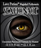 Love Potion: Sexpionage pheromone label, featuring an eye in the center of a spiral, reminiscent of a James Bond movie poster.