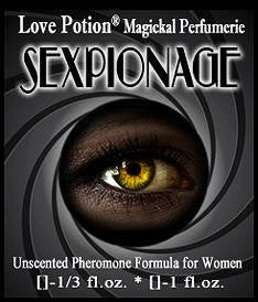 Love Potion: Sexpionage pheromone label, featuring an eye in the center of a spiral, reminiscent of a James Bond movie poster.