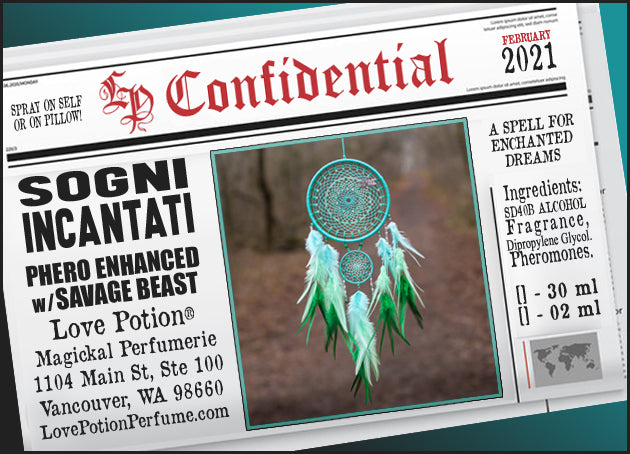 Image of Perfume Label featuring stylized newspaper headline with picture of a dreamcatcher. Feb 2021 Collection. 