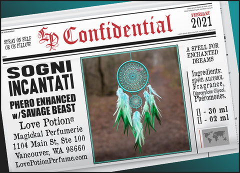 Image of Perfume Label featuring stylized newspaper headline with picture of a dreamcatcher. Feb 2021 Collection. 