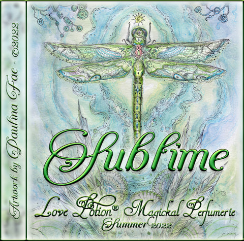 Image of perfume label featuring illustration by artist Paulina Fae of a dragonfly.