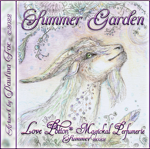 Image of perfume label featuring illustration by artist Paulina Fae of a happy goat in a garden.