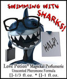 Love Potion: Swimming with Sharks pheromone label featuring a funny shark dressed for the office, wearing glasses and holding a briefcase and a sign that says, HELP! 