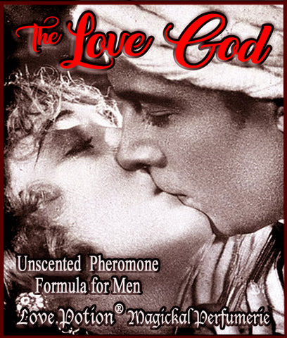 Love Potion pheromone label for Love God, featuring antique photo of silent film actor Valentino kissing a lover.