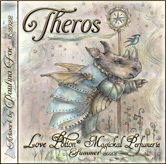 Image of perfume label featuring illustration by artist Paulina Fae of an armored rhino holding a staff.