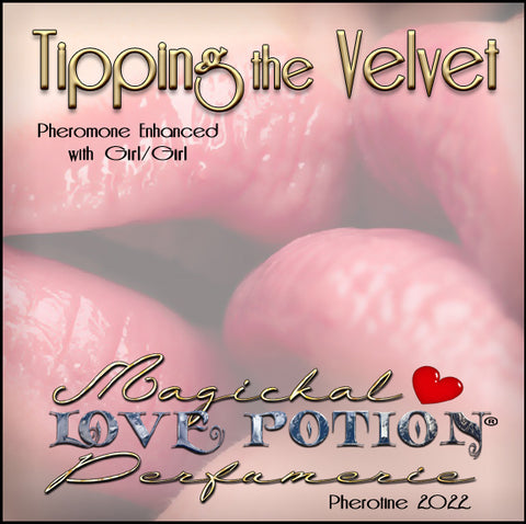 Image of perfume label featuring closeup of kissing lips.