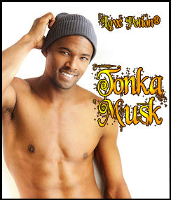 Love Potion: Tonka Musk label featuring a very good looking man, with no shirt,