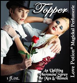 Love Potion: Topper pheromone label featuring attractive sexy couple in top hats.