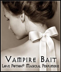 Love Potion: Vampire Bait label featuring an over the shoulder image of a lovely young woman with a bow around her neck.