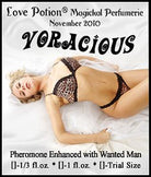 Love Potion: Voracious label featuring sexually ecstatic looking woman in leopard underwear reclining on white sheets. 