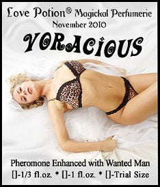 Love Potion: Voracious label featuring sexually ecstatic looking woman in leopard underwear reclining on white sheets. 