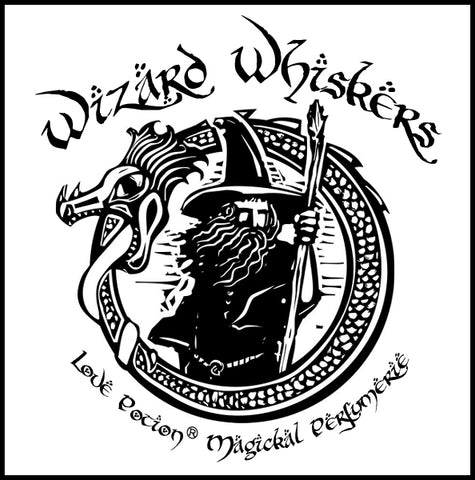 Product label image featuring a wood-cut style black ink drawing of a wizard, within a round frame of a snake eating it's tail.