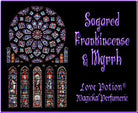 Love Potion: Sugared Frankincense & Myrrh label featuring stained glass church windows.