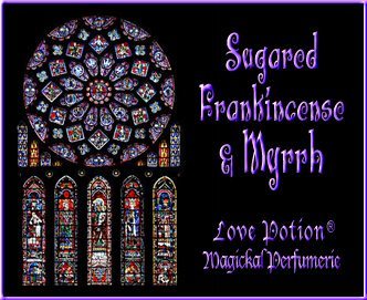 Love Potion: Sugared Frankincense & Myrrh label featuring stained glass church windows.