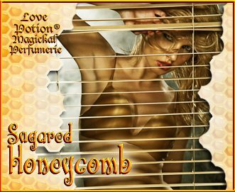 Love Potion: Sugared Honeycomb label featuring sexy woman in honey colored underwear, peeking through blinds.