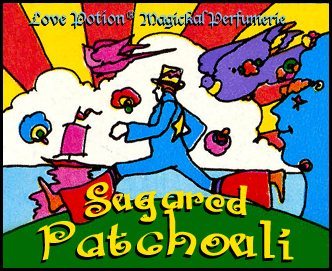 Love Potion: Sugared Pathcouli label featuring colorful psychedelic artwork of a striding man, by Peter Max.
