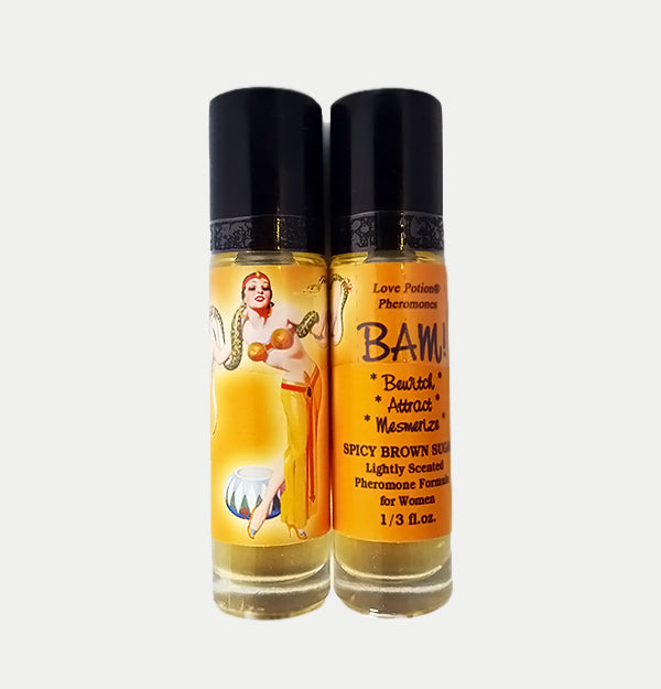 BAM pheromone oil with spicy brown sugar fragrance in a labeled roll-on application bottle.