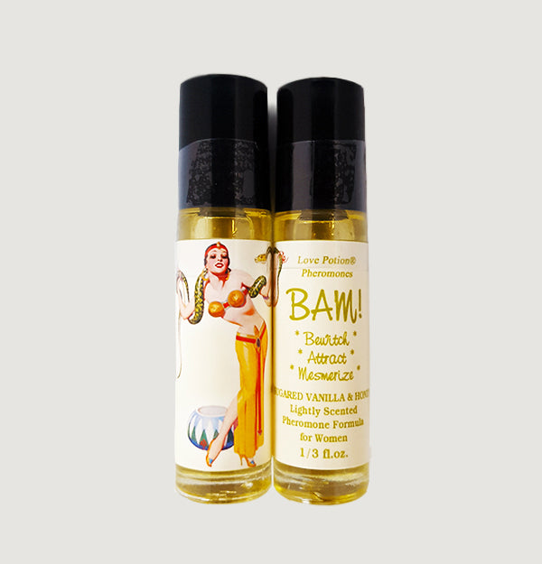 BAM pheromone oil with sugared vanilla and honey fragrance in a labeled roll-on application bottle.