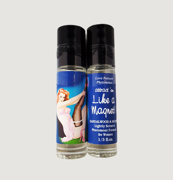 Like a Magnet pheromone oil with sandalwood and resin fragrance in a labeled roll-on application bottle.