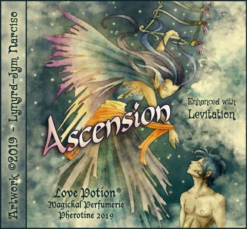Love Potion: Ascension label, featuring winged woman beckoning earthly man into the sky, by artist Lynryd-Jym Narciso.